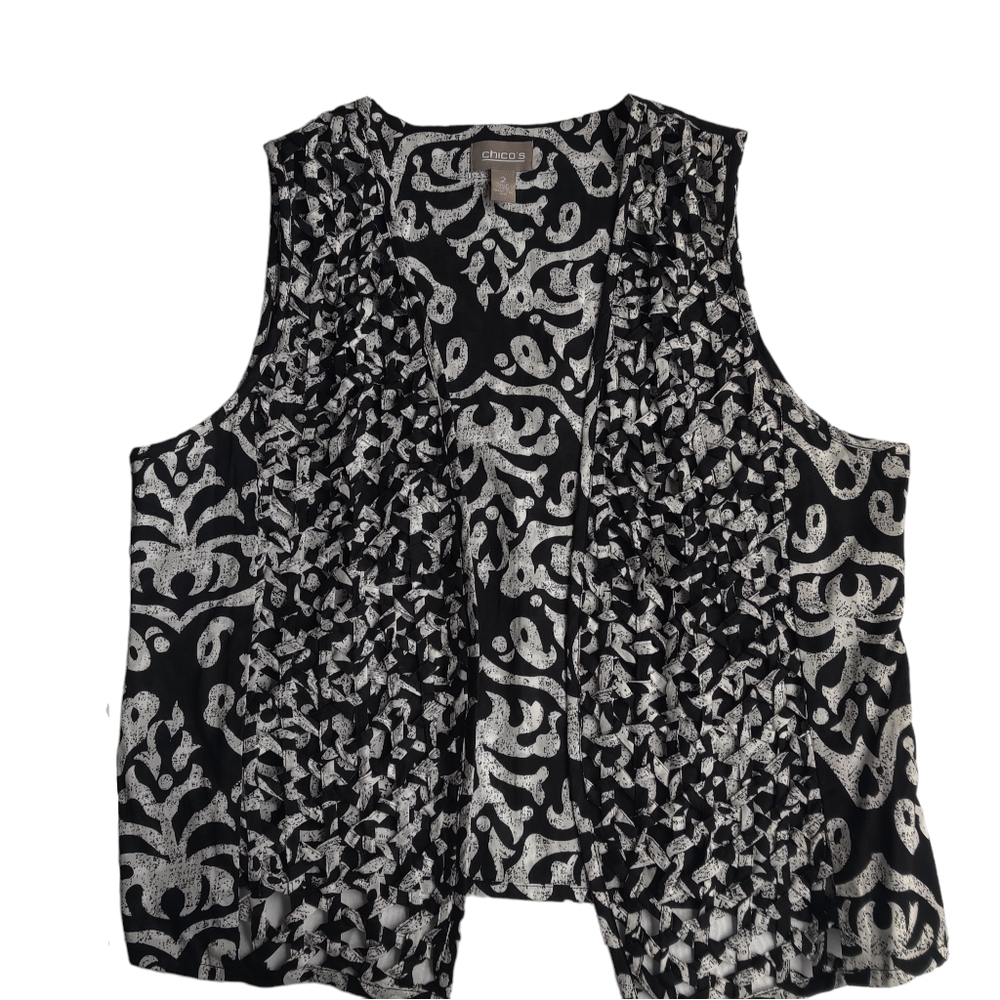 Chicos Womens Vest 2 L 12 Black White Aztec Print Open Front Woven Lightweight